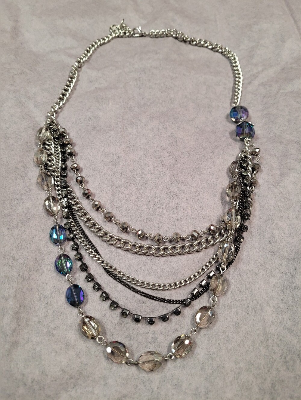 Multi-Row Silver & Iridescent Bead Statement Necklace